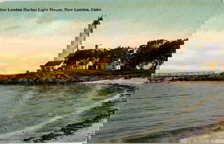 Postcard showing the New London Harbor Light House at sunset, New London, Connecticut, c. 1910s