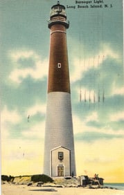 Postcard showing Barnegat Light on Long Beach Island, New Jersey, a coastal landmark, circa 1940s.