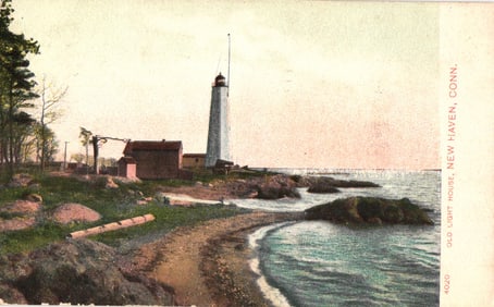 Postcard showing the Old Light House on the scenic rocky shoreline of New Haven, Connecticut, c.