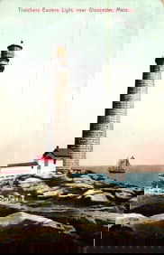 Postcard showing Thatchers Eastern Light, the prominent stone lighthouse near Gloucester, Mass., c.