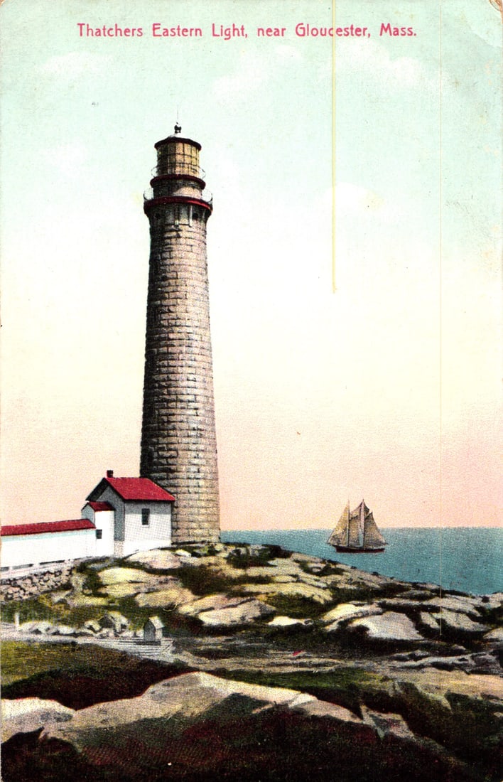 Postcard showing Thatchers Eastern Light, the prominent stone lighthouse near Gloucester, Mass., c. (1 of 2)
