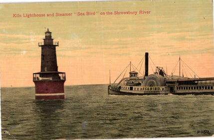 Postcard showing the Kiln Lighthouse and paddlewheel steamer 'Sea Bird' on the Shrewsbury River, NJ.