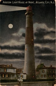 Postcard of the Absecon Light House at Night in Atlantic City, New Jersey, with a full moon c.1910s.