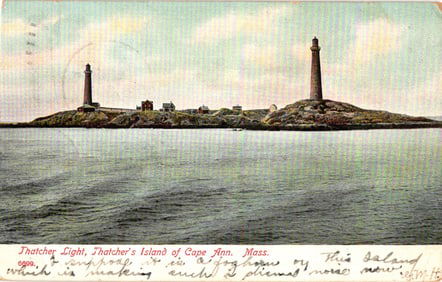 Postcard of the Thatcher Light twin lighthouses on Thatcher's Island off Cape Ann, Massachusetts c.