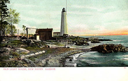 Postcard showing the Old Light House on the rocky shoreline of New Haven Harbor, Connecticut, c.