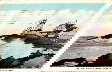 Postcard showing The Lighthouse at Eastern Point, Gloucester, Massachusetts with crashing waves.