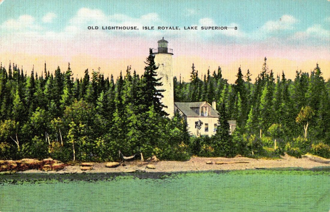 Linen postcard of the Old Lighthouse on Isle Royale, a Lake Superior landmark in Michigan c. 1940s.: Please view photos for further description and condition considerations. Please know the scans may be darker or lighter than the actual item's true appearance. ACME Auctions offers FREE DOMESTIC SHIPP