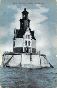 Postcard showing the Racine Reef Light House on Lake Michigan near Racine, Wisconsin circa 1910s.