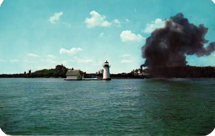 Postcard view of Sunken Rock Lighthouse with Boldt Castle, Alexandria Bay, Thousand Islands, New