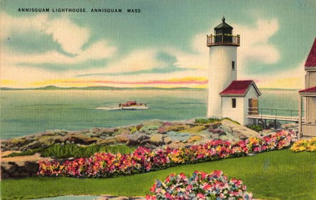 Postcard of Annisquam Lighthouse in Gloucester, Massachusetts with flower gardens and a boat c.