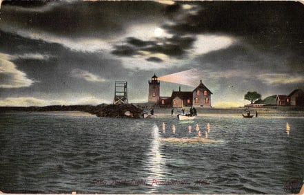 Postcard showing Long Point Light at night in Provincetown, Massachusetts. Moonlight on the water,