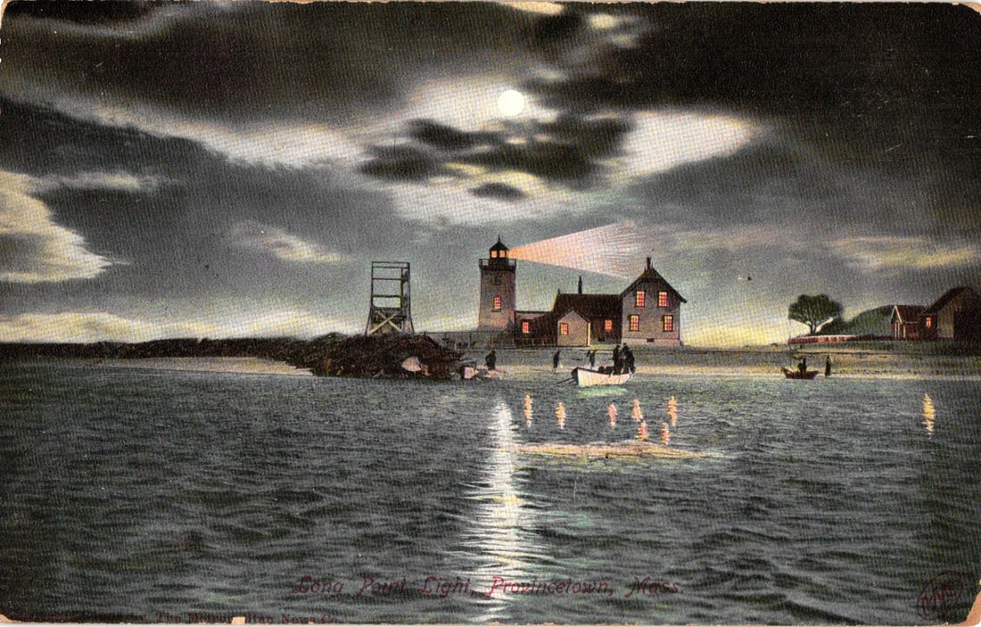 Postcard showing Long Point Light at night in Provincetown, Massachusetts. Moonlight on the water,: Please view photos for further description and condition considerations. Please know the scans may be darker or lighter than the actual item's true appearance. ACME Auctions offers FREE DOMESTIC SHIPP