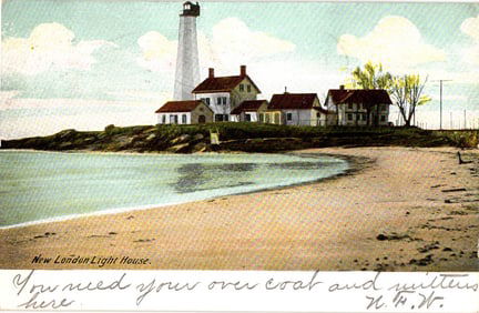 Postcard view of the New London Light House and buildings from the sandy beach in Connecticut, c.