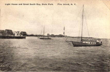 Postcard view of Light House and Great South Bay with sailboats at the State Park, Fire Island, NY