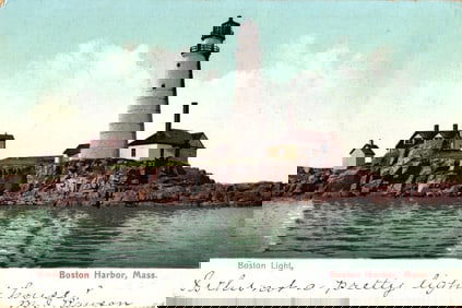 Postcard showing the Boston Light lighthouse on its rocky island in Boston Harbor, Mass. circa 1906