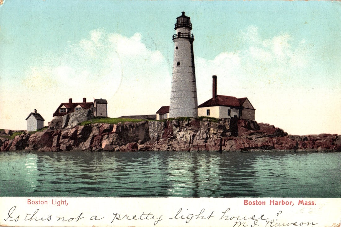 Postcard showing the Boston Light lighthouse on its rocky island in Boston Harbor, Mass. circa 1906: Please view photos for further description and condition considerations. Please know the scans may be darker or lighter than the actual item's true appearance. ACME Auctions offers FREE DOMESTIC SHIPP