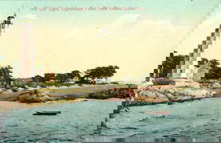 Postcard showing The Old Light at Lighthouse Point in New Haven, Connecticut. Coastal scene c. 1910s