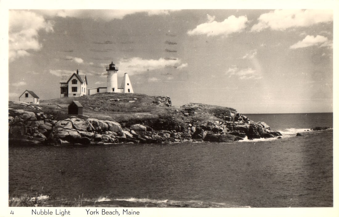 Postcard showing the Nubble Light lighthouse on its rocky island off the coast of York Beach, Maine (1 of 2)