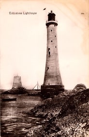 RPPC Real Photo Postcard of the Eddystone Lighthouse on the rocks off the coast of Cornwall, England