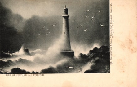 Raphael Tuck & Sons "Rough Sea" series postcard of the Eddystone Lighthouse, England, stormy waves.