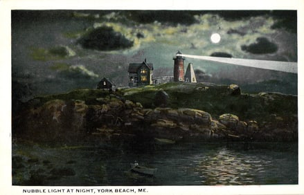 Postcard showing the Nubble Light lighthouse at night with a full moon, York Beach, Maine, c. 1910s.