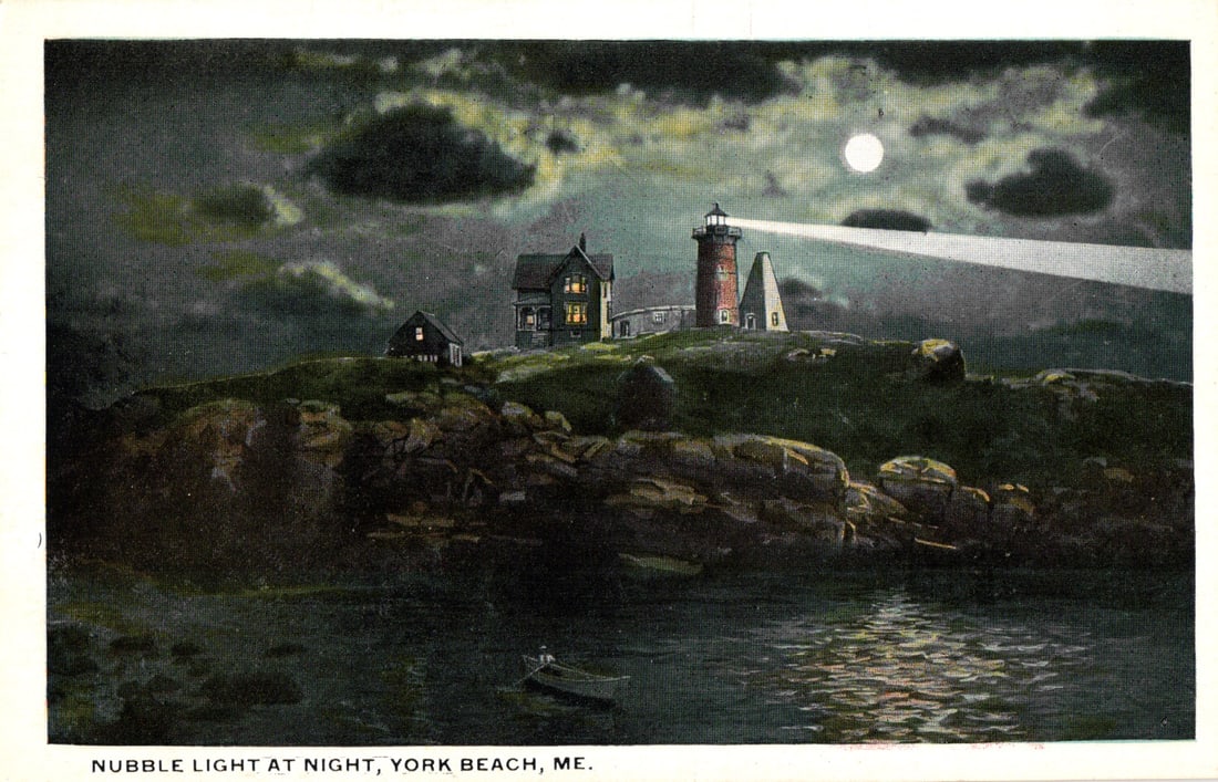 Postcard showing the Nubble Light lighthouse at night with a full moon, York Beach, Maine, c. 1910s.: Please view photos for further description and condition considerations. Please know the scans may be darker or lighter than the actual item's true appearance. ACME Auctions offers FREE DOMESTIC SHIPP