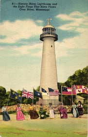 Linen postcard showing the historic Biloxi Lighthouse with the Eight Flags, Biloxi, Mississippi