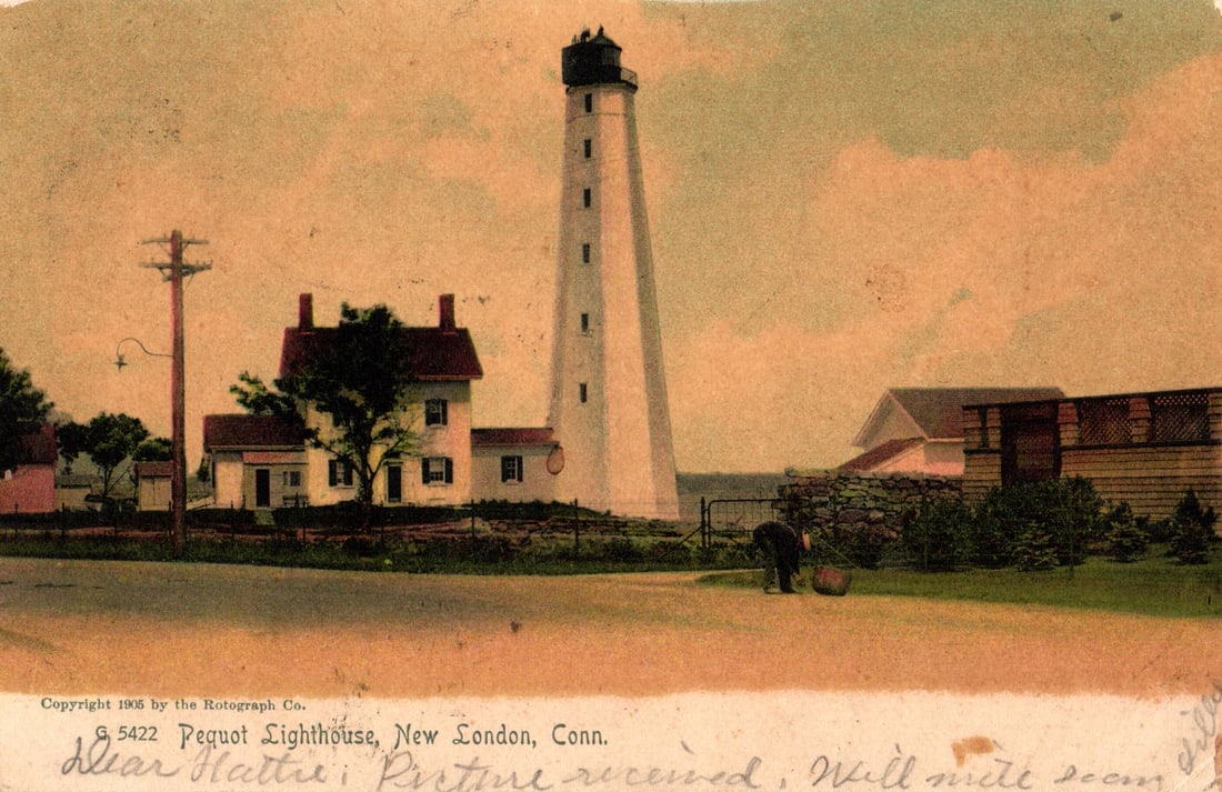 Postcard showing the Pequot Lighthouse and keeper's house in New London, Connecticut, circa 1905. (1 of 2)