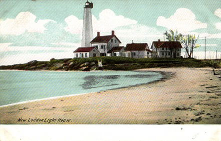 Postcard showing the New London Light House and keeper's quarters from the beach, Connecticut c.