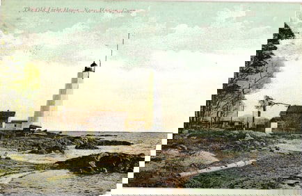 Postcard of The Old Light House, Five Mile Point, on the rocky shore in New Haven, Connecticut