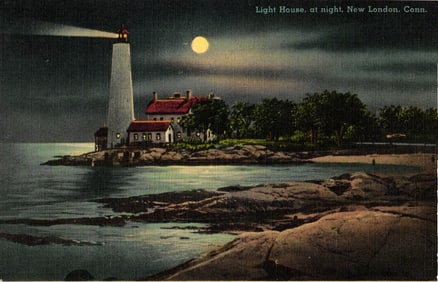 Postcard showing the New London Harbor Light lighthouse at night under a full moon, Connecticut