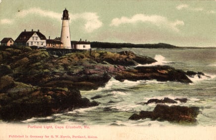 Postcard view of Portland Head Light lighthouse on the rocky coast of Cape Elizabeth, Maine, c.
