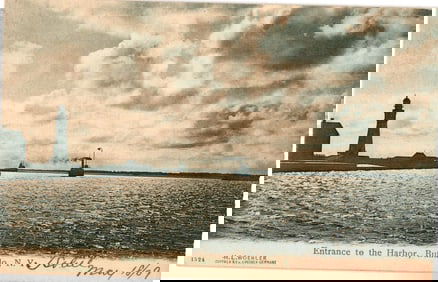 Postcard showing the Entrance to the Harbor in Buffalo, New York with lighthouse and steamship c.
