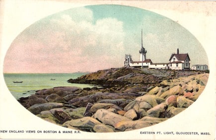 Postcard view of the Eastern Point Light station on the rocky coast of Gloucester, Massachusetts