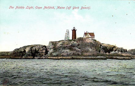 Postcard of The Nubble Light lighthouse on a rocky island, Cape Neddick, Maine off York Beach c1910s