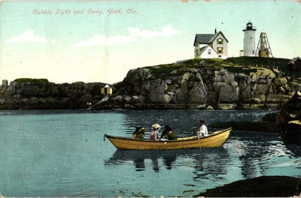 Postcard showing Nubble Light and Ferry in York, Maine with a rowboat of tourists, circa 1910s.
