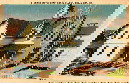 Linen postcard view of the United States Coast Guard Station building in Ocean City, Maryland c.