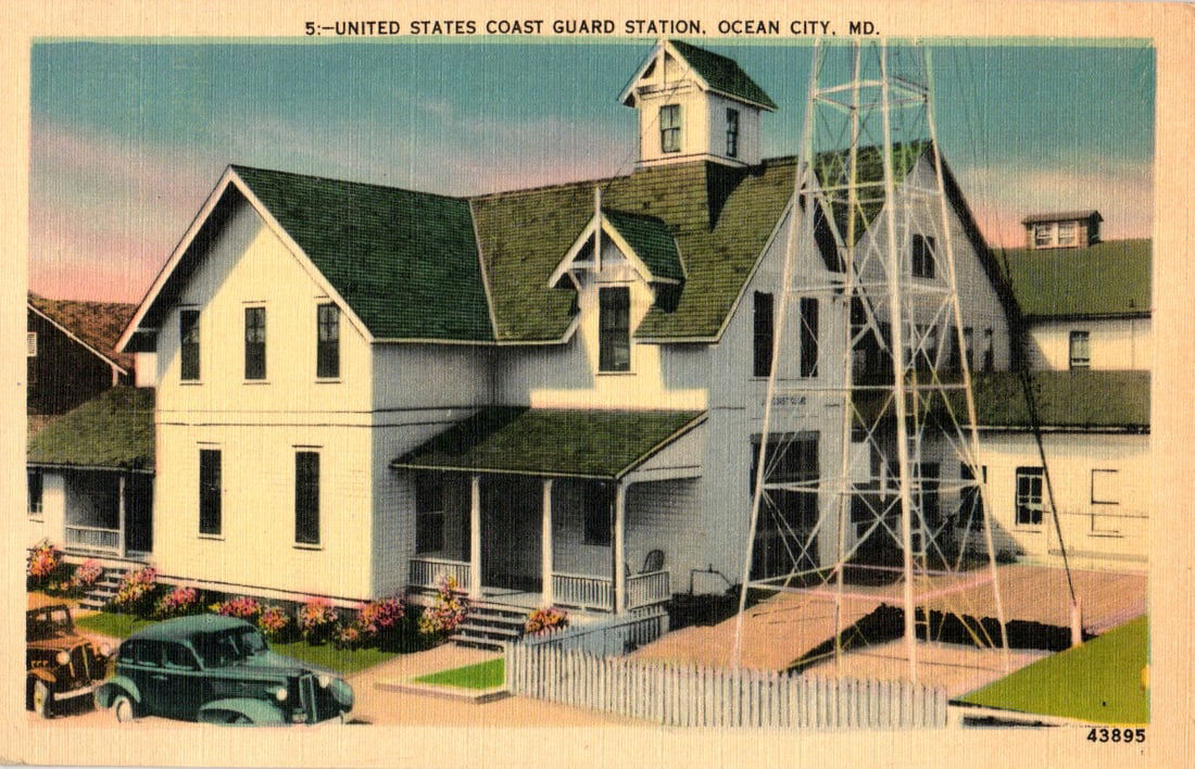 Linen postcard view of the United States Coast Guard Station building in Ocean City, Maryland c. (1 of 2)