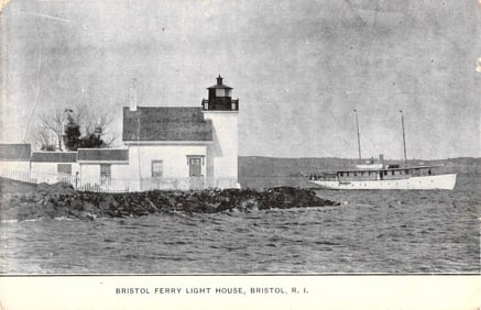 Postcard showing the Bristol Ferry Light House with a steam yacht passing by in Bristol, Rhode
