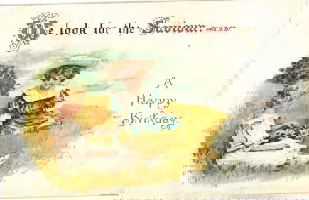 Postcard with two girls in field, Bible verse Phil 3:20, and 'A Happy Birthday' greeting c. 1910