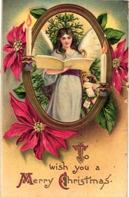 Raphael Tuck & Sons embossed postcard of a Christmas Angel singing from a book with poinsettias.