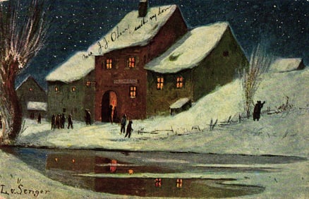 Postcard of a snowy nighttime winter scene, house by frozen pond by artist L. v. Senger, c. 1907