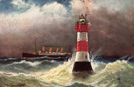 Postcard German American Novelty Art Series of steamship passing a lighthouse in stormy seas c. 1907