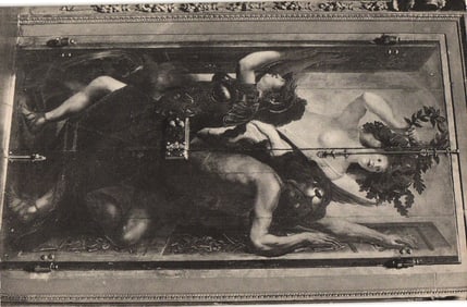 Postcard of the Hercules and Pallas painting on the entrance door to the Orange Hall in The Hague