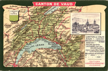 Postcard map of the Canton of Vaud, Switzerland showing Lausanne, Lake Geneva & Montreux c.1910s