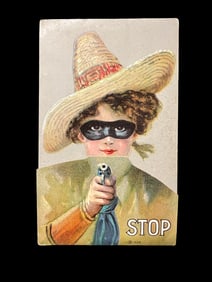 Vintage Quaker Stove Advertising Postcard Fold-Out, Masked Figure With Gun Illustration, c.1910s