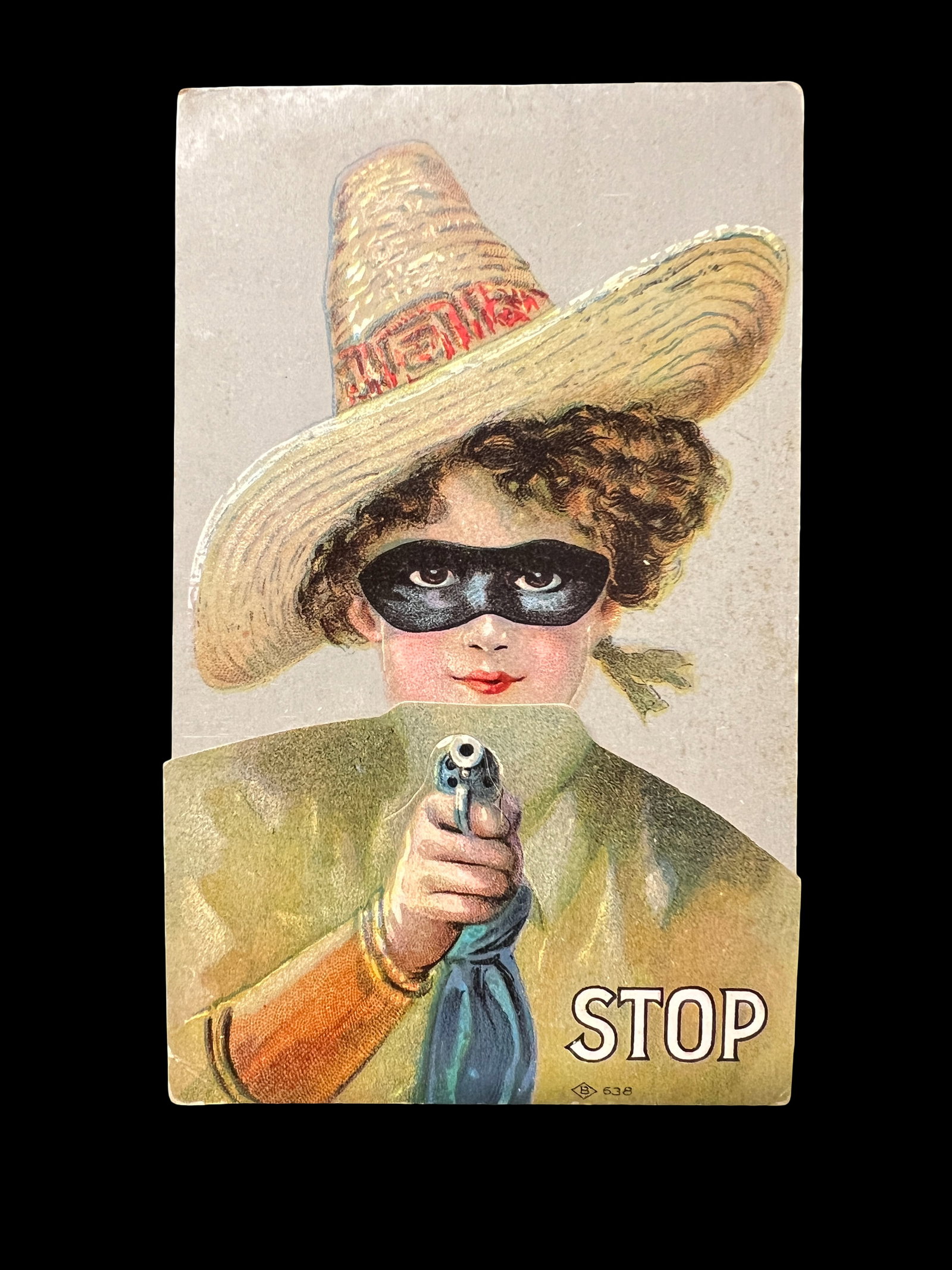 Vintage Quaker Stove Advertising Postcard Fold-Out, Masked Figure With Gun Illustration, c.1910s: Early 20th-century fold-out advertising postcard featuring a novelty design and promotional message for Quaker Ranges and Parlor Heaters. The front cover depicts a color lithograph of a masked child w