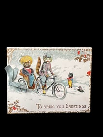 Early 1900s German Fold-Out Christmas Card – Anthropomorphic Cats with Bicycle and Greetings Verse