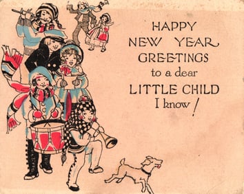 New Year Greetings card for a Little Child, shows children playing instruments in winter clothes.