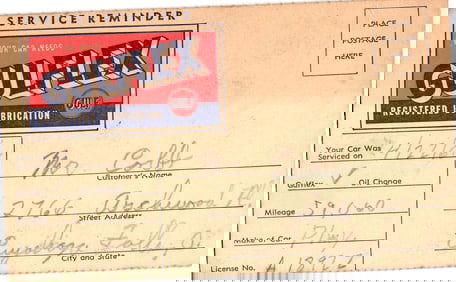 1961 Gulflex Lubrication Service Reminder Postcard Dave's & Chucks Gulf Service Cuyahoga Falls Ohio